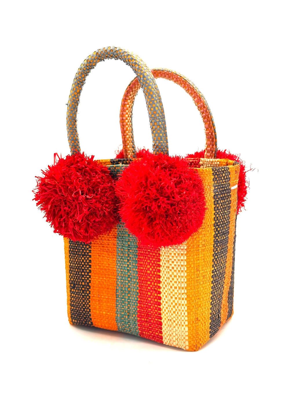 Straw Mini Bag With Pom Poms