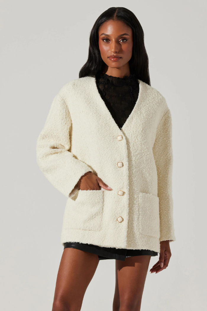 Maidy Boucle V-Neck Coat - Cream ACT8401