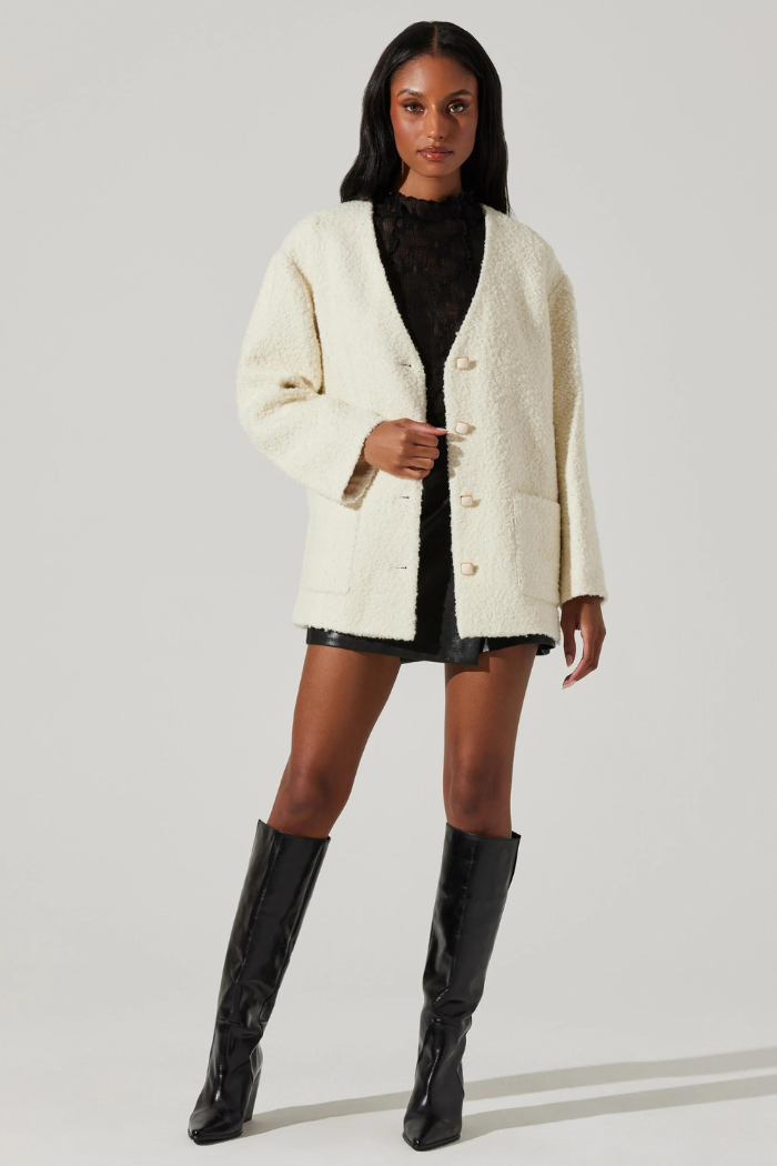 Maidy Boucle V-Neck Coat - Cream ACT8401