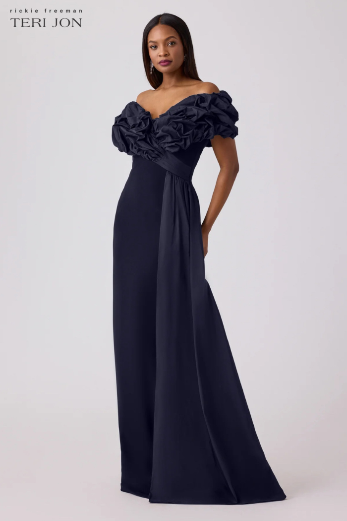 Teri Jon Scrunch Taffeta And Crepe Formal Evening Gown 247019