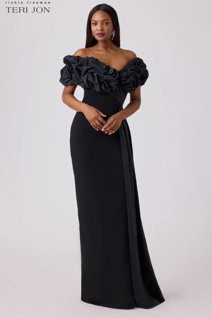 Teri Jon Scrunch Taffeta And Crepe Formal Evening Gown 247019