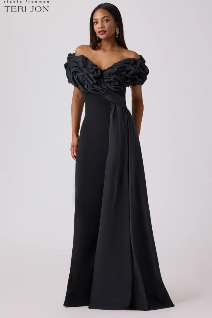 Teri Jon Scrunch Taffeta And Crepe Formal Evening Gown 247019