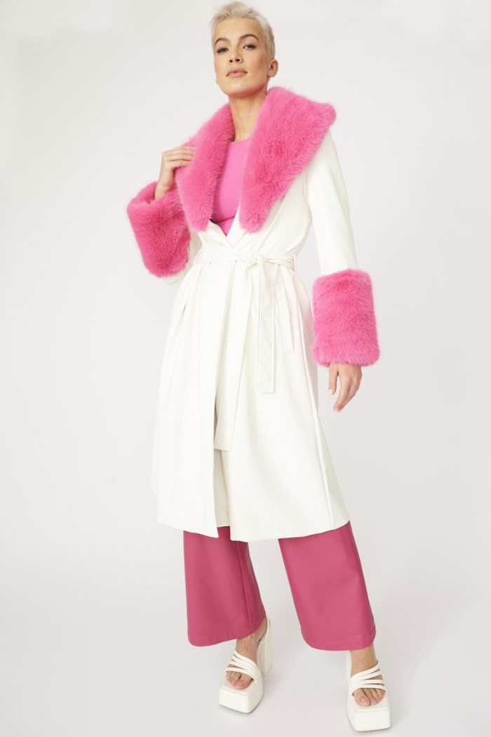 Jayley Trench Style Belted Coat with Faux Fur Cuffs and Collar