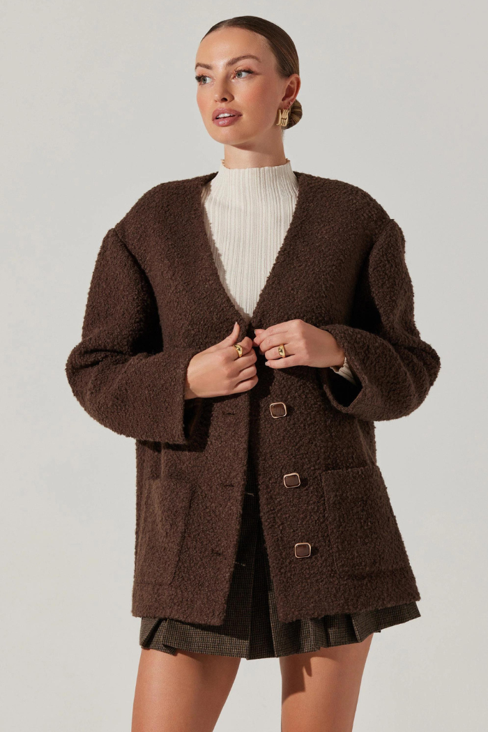 ASTR Maidy Boucle V-Neck Coat - Brown ACT18401