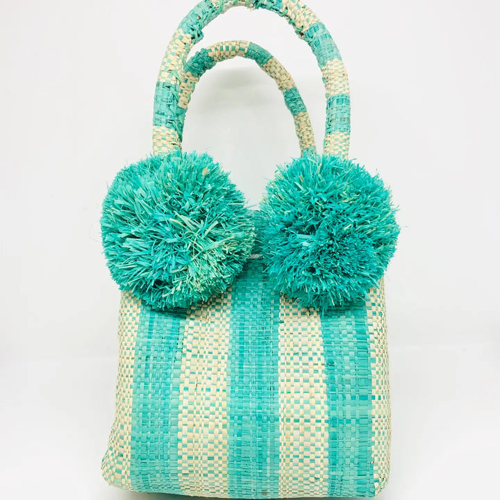 Straw Mini Bag With Pom Poms