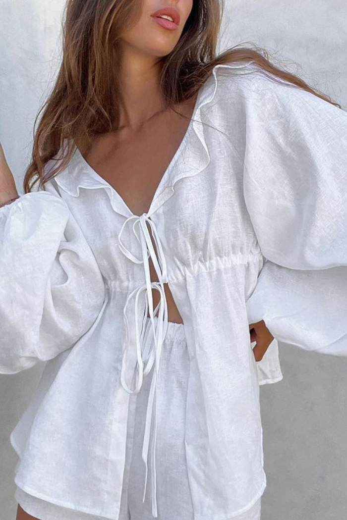 Flounce Puff Sleeves String Tie Top and Shorts Set