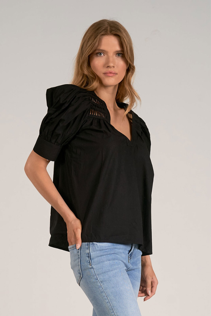 Puff Sleeve Ladder Trim V-Neck Top