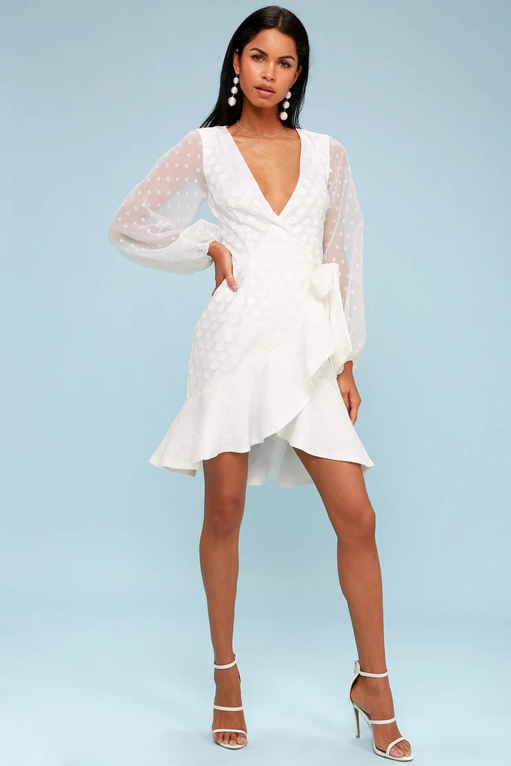 Keepsake White Polka Dot L/S Wrap Dress