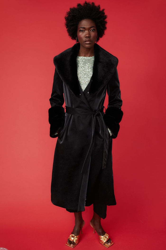 Jayley Black Trench Style Belted Coat with Faux Fur Cuffs and Collar