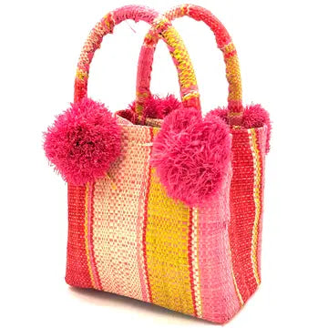 Straw Mini Bag With Pom Poms