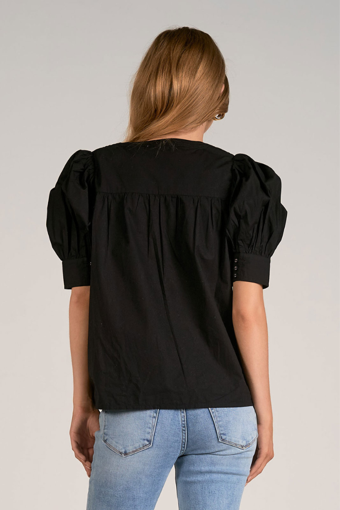 Puff Sleeve Ladder Trim V-Neck Top