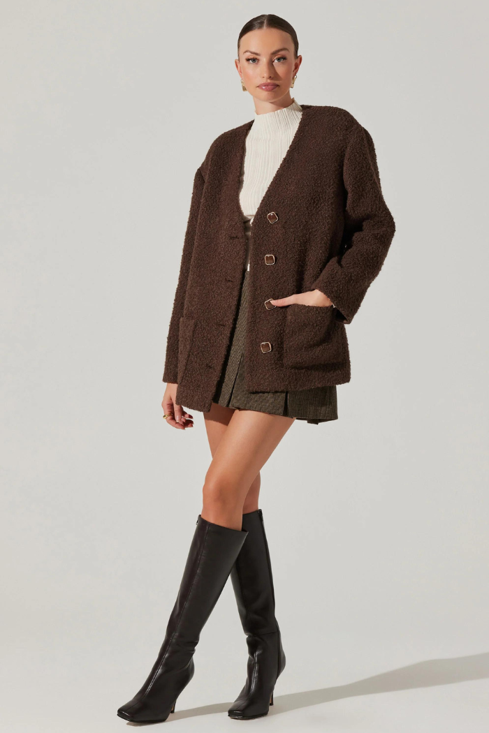 ASTR Maidy Boucle V-Neck Coat - Brown ACT18401