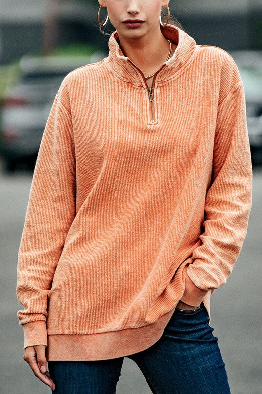 Vintage Washed Quarter Zip Ribbed Sweatshirt