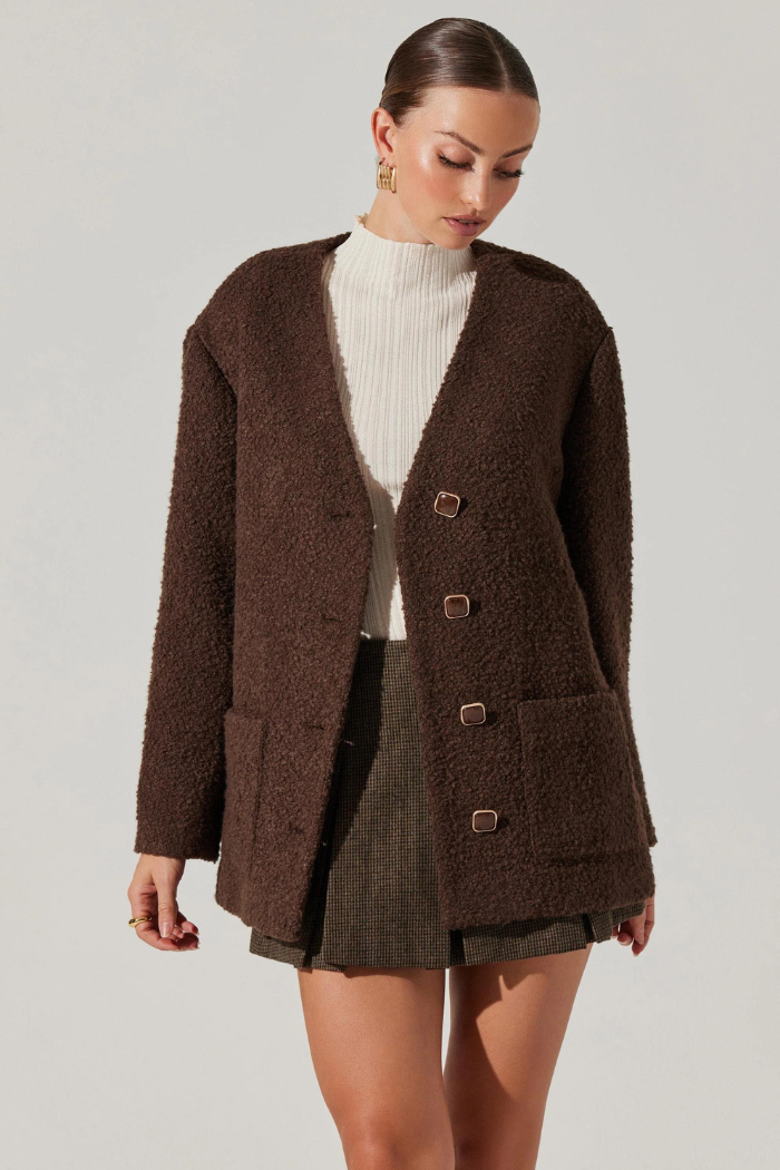 ASTR Maidy Boucle V-Neck Coat - Brown ACT18401