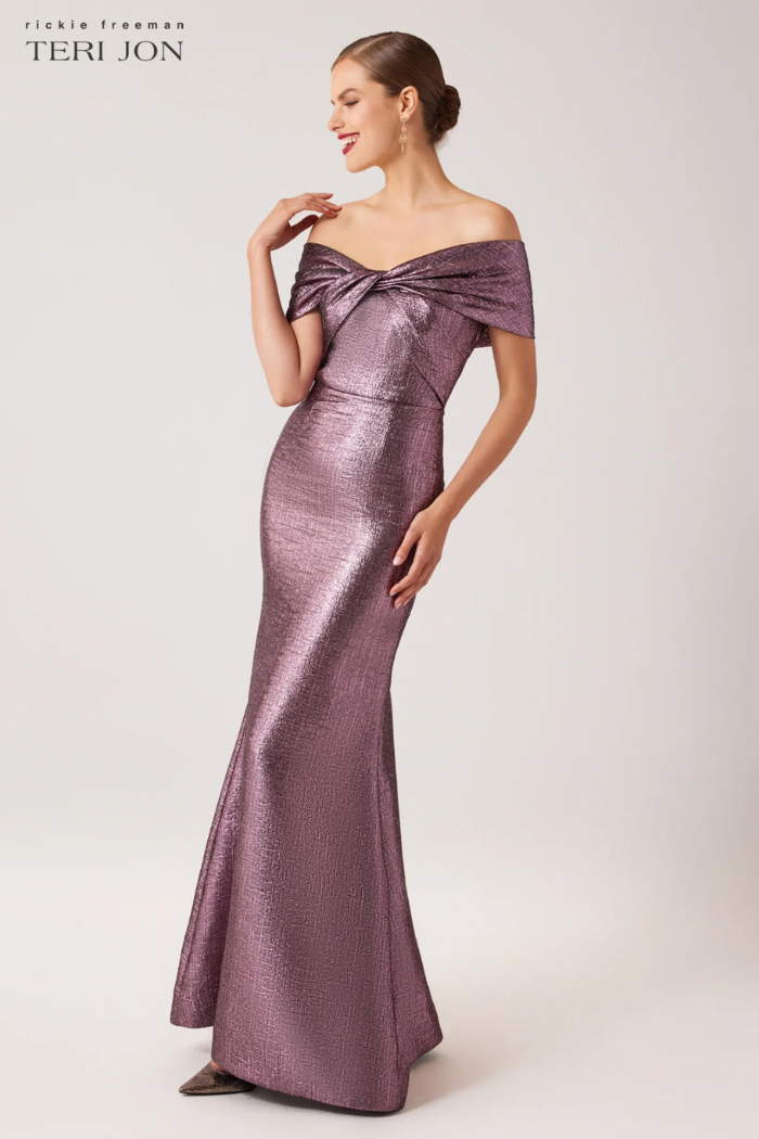 Teri Jon Metallic Jacquard Twist Bodice Off The Shoulder Gown 239042