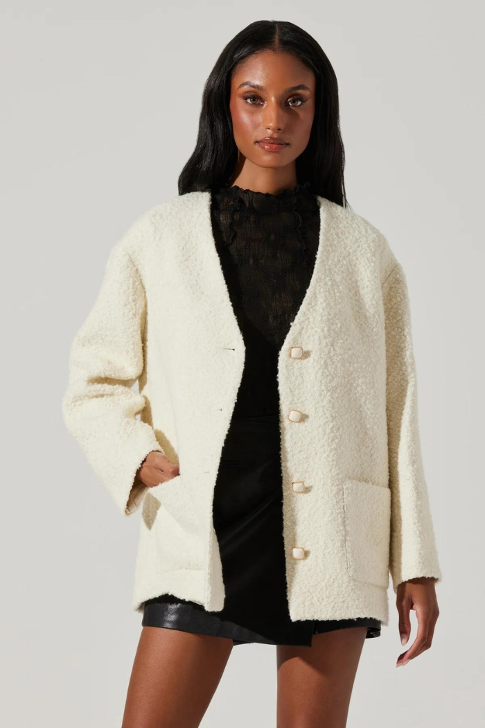 Maidy Boucle V-Neck Coat - Cream ACT8401