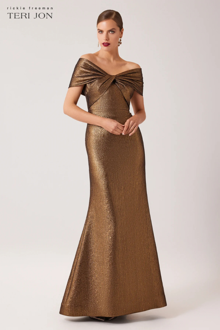 Teri Jon Metallic Jacquard Twist Bodice Off The Shoulder Gown 239042