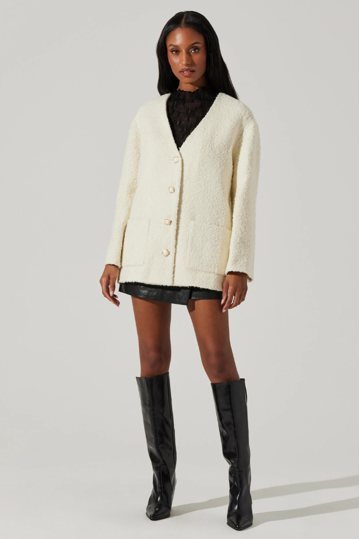 Maidy Boucle V-Neck Coat - Cream ACT8401