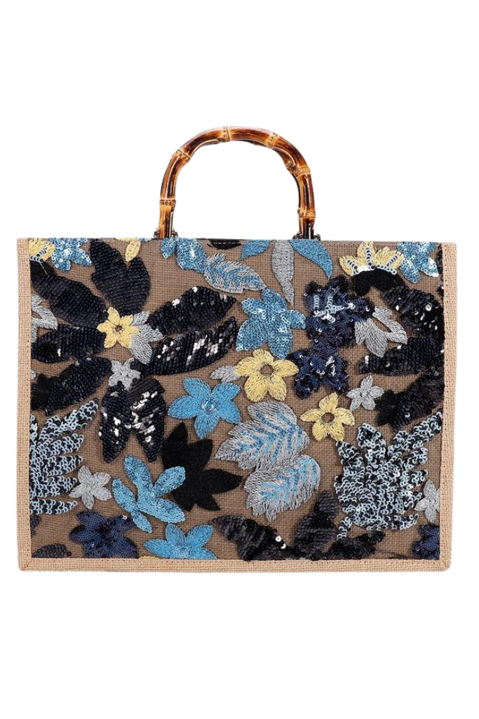 Blue floral sequin canvas bag