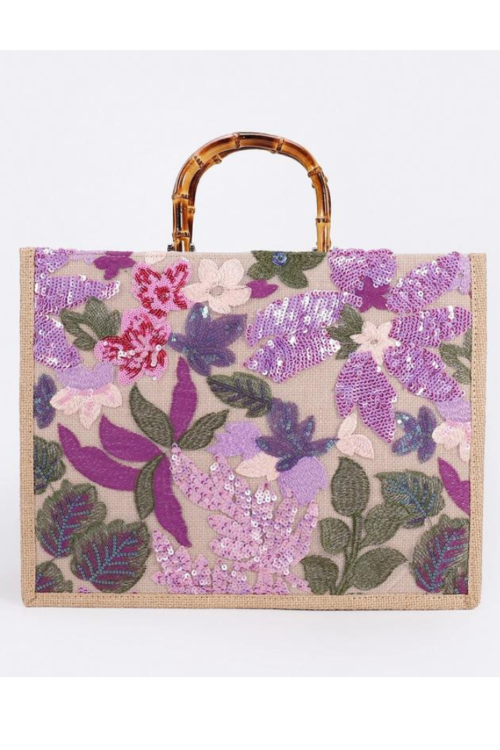 Lilac sequin floral canvas bag