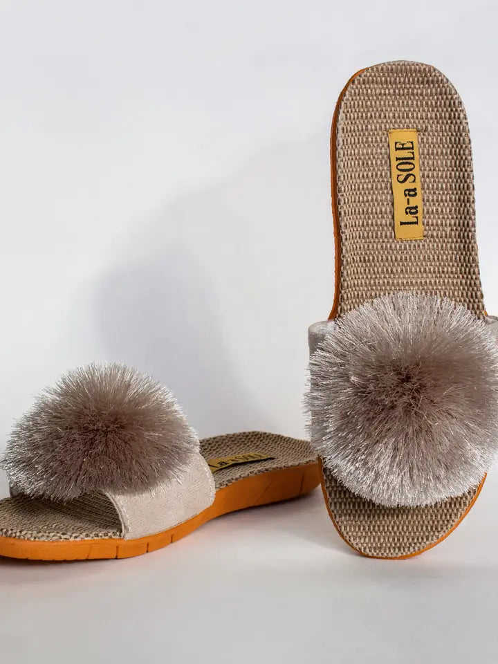 Silver Pom pom La-a slides