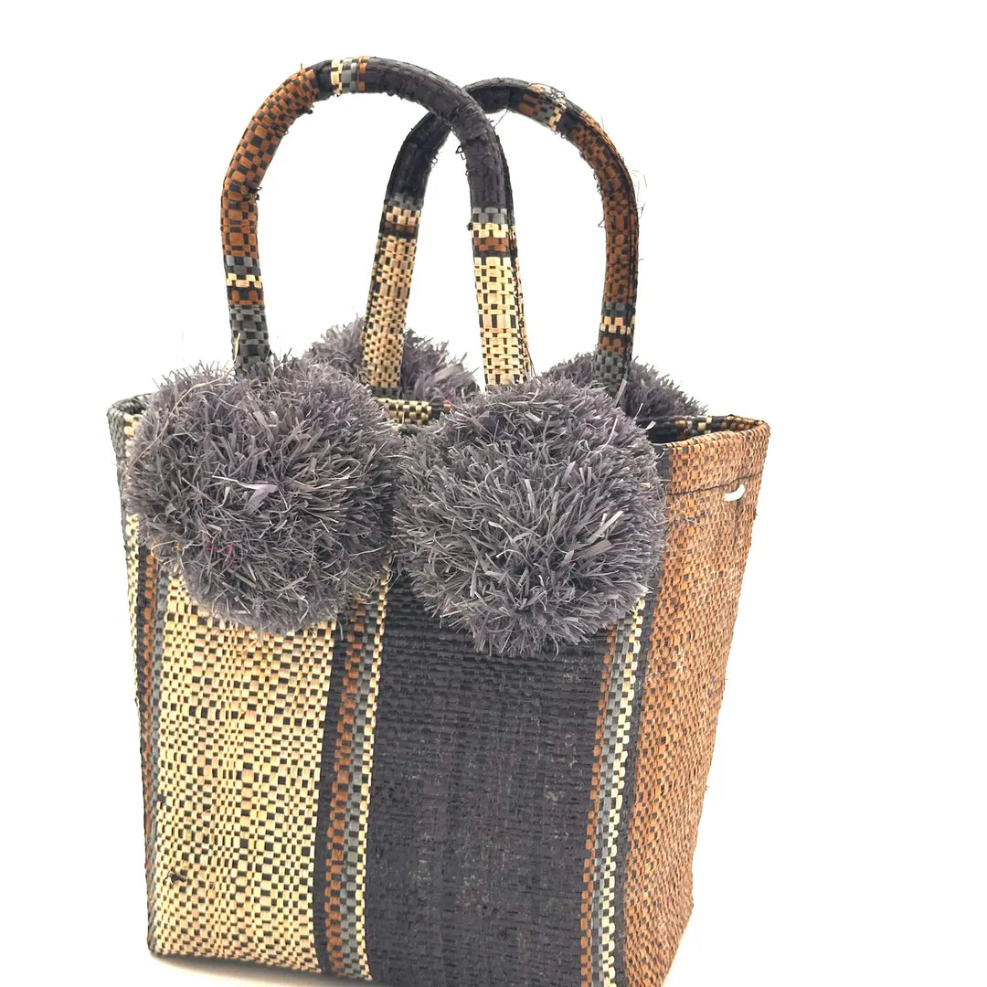 Straw Mini Bag With Pom Poms