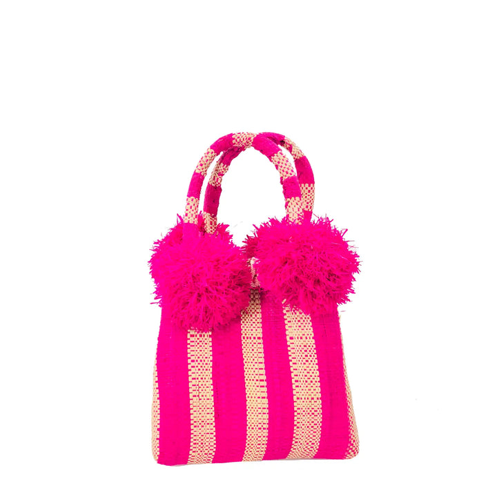 Straw Mini Bag With Pom Poms