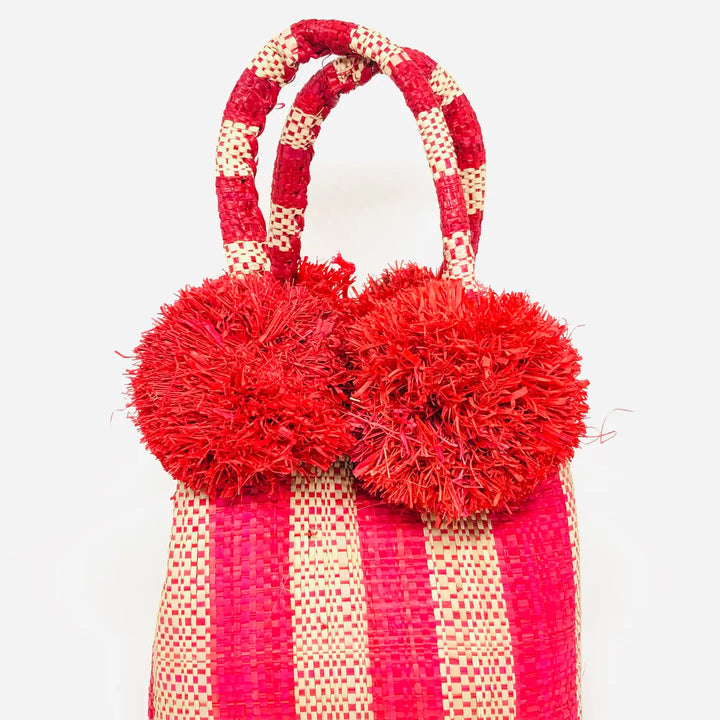 Straw Mini Bag With Pom Poms