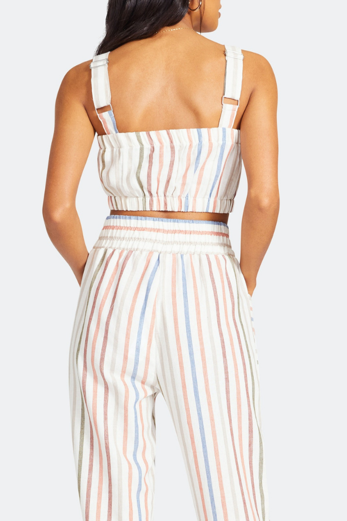 Summertime Crop Top Made by BB Dakota x Steve Madden. This is a stripe linen style cropped tank top with an elastic band to hug your body.