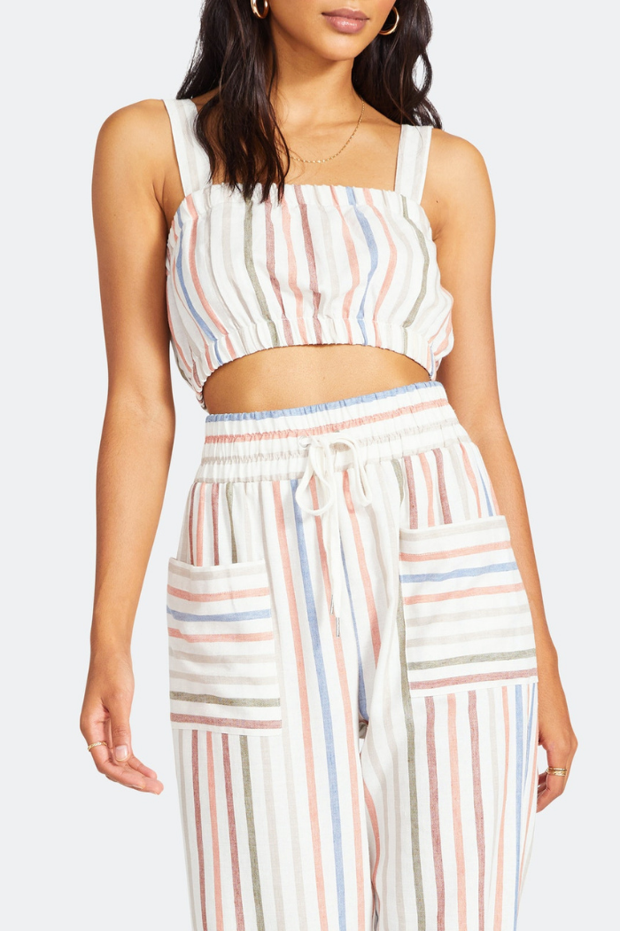 Summertime Crop Top Made by BB Dakota x Steve Madden. This is a stripe linen style cropped tank top with an elastic band to hug your body.