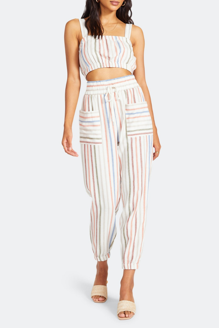 Summertime Crop Top Made by BB Dakota x Steve Madden. This is a stripe linen style cropped tank top with an elastic band to hug your body.